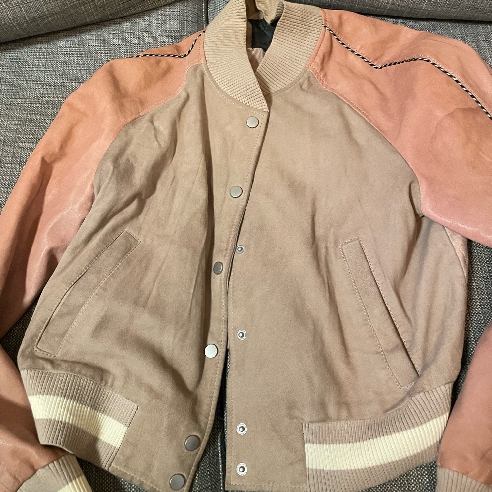 All Saints Leather Bomber Jacket in Pink/Beige